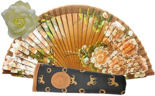 Planta Color Abanico de Madera con Flores Pintadas a Mano. Incluye una Funda para Proteger el Abanico. Pinza de Pelo con Diseño de Flor para Complementar tu estilo (Marrón)