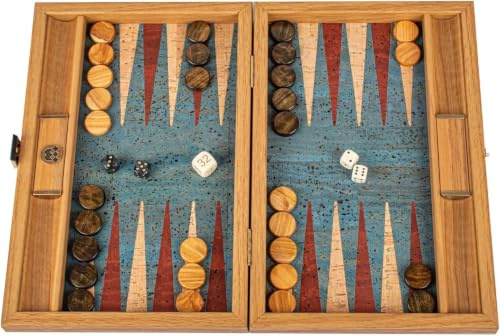 Luxus Manopoulos Backgammon-Set aus natürlichem Türkis, Olivenholz-Checkers – Premium-Set, handgefertigt in Griechenland von Experten (30 x 17 cm geschlossen)