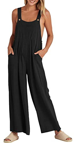 Salopette Estiva Lino Donna, Tuta Jumpsuit Donna Estiva Elegante Gamba Larga Allentata Jumpsuit Casual Senza Maniche Spalline Larghe Pantaloni Tinta Unita con Tasche per Spiaggia Vacanza