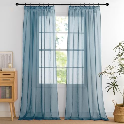PONY DANCE Leichte Vorhänge Blau Gardinen Wohnzimmer Kräuselband Vorhang Transparent Gardienen 2-Set H 245 x B 140 cm Leinenoptik Vorhänge für Schienensystem Durchlässig Gardine Luftig Dekoschal