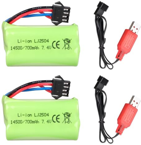 2PCS 7.4 V 700 mAh Batería de Litio con Conector SM-4P y Cable de Carga USB para Coche RC, Barco, Camión, Coche de Juguete EC16 DE85, Blaster Eléctrico M416 Gel Ball, AUG M249 QZB95