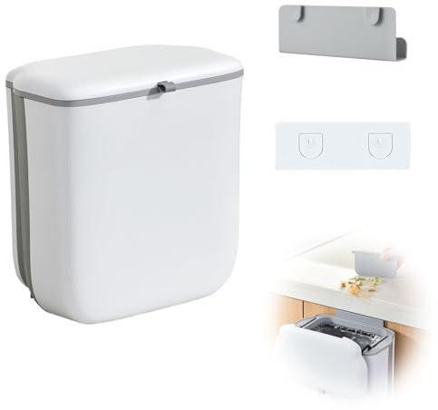 Mülleimer Hängend für Küche, 9L Faltbare Abfallbehälter mit Decke, Hängender Mülleimer mit Deckel, Komposteimer für Küche, Abfalleimer Wandmontage, für Tür, Badezimmer, Wohnmobil(Elfenbeinweiß)