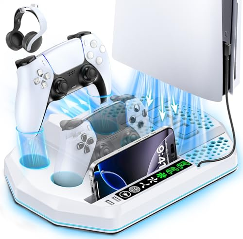 Gersker Support de Refroidissement PS5 avec Chargeur de Manettes, Station de Charge Multi-Fonctions pour PS5 / Slim/Pro, Ventilateur à 3 Niveaux, Éclairage Ambiant RVB, Port USB