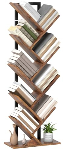 HOMCOM Bücherregal Standregal mit 9 Ebenen Schmal Baumform Rustikal Braun | Baumform, Aufbewahrungsregal, Eckregal, Büroregal, Raumteiler, für CDs, DVDs, Alben, Wohnzimmer, Schlafzimmer, Büro