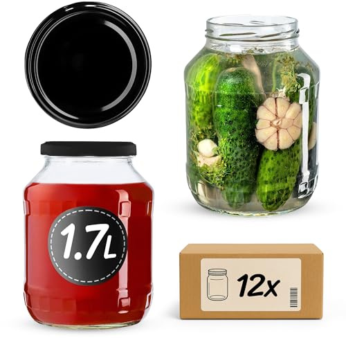 KADAX Lot de 12 bocaux de conservation de 1,7 l avec couvercle à visser Ø89 - Grands bocaux de conserve avec large ouverture pour la conservation des concombres, des kimchi et de la choucroute - Noir