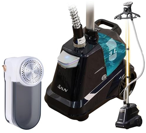 SALAV Heavy Duty Commercial Full-Size Garment Steamer with Foot Pedals and Extra Large 3L (101.5 oz) Water Tank and XL Rechargeable Fabric Shaver with Light, 6-Leaf Steel Blades, 3-Speed Motor