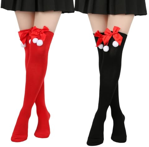 YAZWUR Chaussettes hautes pour femmes, lot de 2 paires, longueur au-dessus du genou, bordure à franges rouges, chaussettes sur le thème de Noël