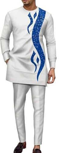 Generisch Costume africain pour homme Survêtement ethnique Dashiki Broderie Chemises et pantalons 2 pièces Ankara Tenues Kurta Ensemble de robes décontractées traditionnelles Ensemble de vêtements de
