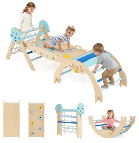 GOPLUS Triángulo de Escalada 9 en 1, Montessori Escalador Infantil Plegable con Tobogán, Estructura de Escalada con Arco, Slide Aprendizaje para Niños de 1+ Año, Carga 50KG (8 En 1,Universo)