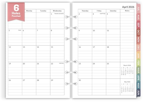 Forvencer 2026 Monthly Planner Refills, Apr 2026 - Dec 2027, 6-Hole Punched Planner Inserts with Colorful Monthly Tabs, Calendar Organizers for A5 6-Ring Binders, 5-3/4 x 8-1/4