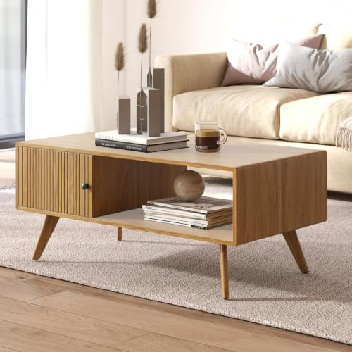 Manora Table Basse Bois, Scandinave Table Moderne Table Basse avec Rangement Table Salon, Pas de Coins, Facile à Monter, Très Solide, 100cm x 50cm x 45cm (chêne)
