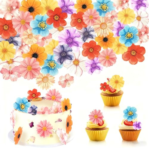 Nymora 60 PCS Flowers Cupcake Toppers Wafer Paper Flower Birthday Party Decorations Wildflower Cupcake Picks for Baby Shower Wedding Birthday Party Cake Food Decorations Supplies