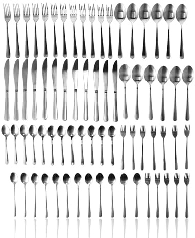 Ménagère 12 Personnes - Set de Couverts Inox 72 pièces - Service Vaisselle Acier Inoxydable avec Cuillères, Fourchettes, Couteaux de Table - Cuillères à Dessert et Fourchettes à Gâteau - Vaisselle