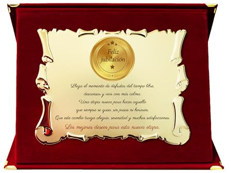 Placa de Jubilación | Regalo para Jubilado | Pergamino Dorado Conmemorativo con Estuche de Terciopelo | Felicitaciones por Jubilación (Rojo)