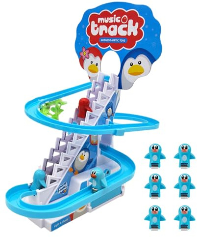 Penguin racing-set, skjutleksaker för pingviner, elektrisk pingvin trappklättringsspår, elektrisk pingvin trappklättringsspår, djurmonterad trappleksak