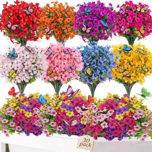 WOPQAPET 30 Bundles Artificial Flowers for Outdoors,6 Colors Butterflies