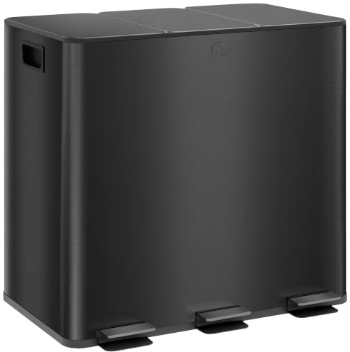 HOMCOM Cubo de Basura de Cocina con 3 Compartimentos 3x15L con Pedal Negro | Papelera Cocina, Acero Inoxidable, Tapas de Cierre Suave, Cubo Extraíble, para Reciclaje Residuos Restos de Comida