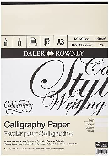 Daler-Rowney Calligraphy Drawing 90gsm Parchment A3 Texture Paper Pad, Glued 1 Side with 30 Sheets, 3 Assorted Colours, Ideal for Professional Artists & Students