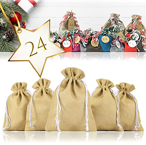 Ganzoo 24er Set Jutesäckchen für Adventskalender zum selbst befüllen, 17,5cm x 12,5cm, Hellbraun, Naturprodukt, robust und mehrfach verwendbar, für kleine Überraschungen