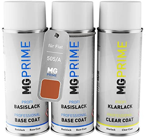 MG PRIME Autolack Sprühdosen Set für Fiat 505/A Arancio New Batic Metallic/New Batik Orange Metallic Grundlack Basislack Klarlack Spraydose 400ml