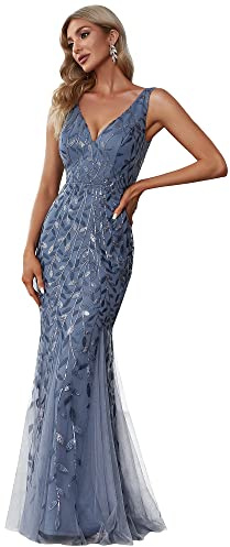 Ever-Pretty a Sirena Tul Vestido de Noche Cuello en V sin Respaldo para Mujer Dusty Navy 42