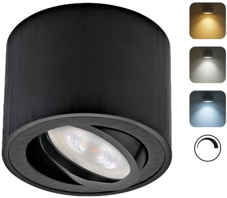 Sweet Led LED Aufbaustrahler Schwarz Matt Dimmbar CCT 5W Schwenkbar 230V Aluminium Aufbauspot Rund Deckenstrahler mit Wechselbarem LED Modul 3000K 4000K 6500K
