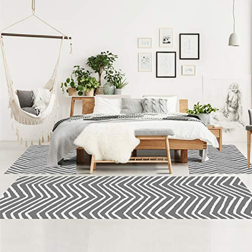carpet city Bettumrandung Schlafzimmer - Hochflor Teppich-Läufer 70x140cm/ 70x230cm in Grau - Teppiche im Ethno Chevron Stil