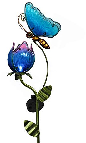TERESA'S Collections Flower Yard Decorations Outdoor, 42'' Blue Glass Butterfly Solar Outdoor Lights Garden Decor for Outside, Metal Yard Art Garden Stake Decorative for Patio Decor,Gifts for Mom