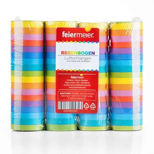feiermeier Luftschlangen „Regenbogen“ | 4 m | 4 Rollen mit je 18 Streifen | Bunte Partydeko für Geburtstag, Karneval & Silvester