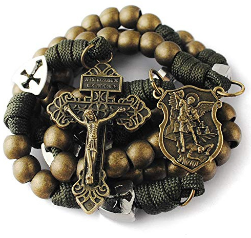 HanlinCC Large and Heavy Antique Bronze Metal Beads Rugged Durable Paracord Rosary Necklace with St.Michael Center Piece and Pardon Crucifix for Men (Bronze St.Michael Rosary)