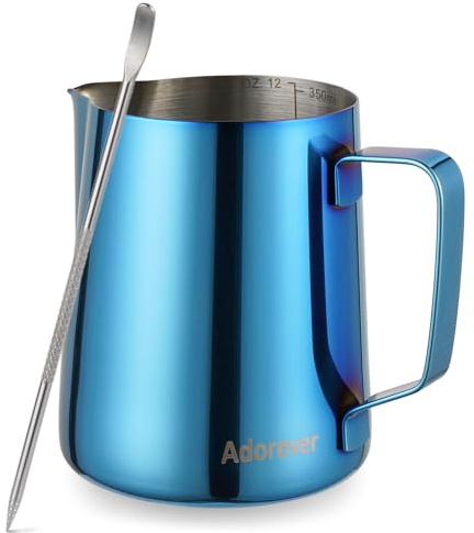 Jarra de espuma de leche, 350 ml, jarras de vapor de acero inoxidable para leche, café, capuchino, latte art, barista, jarra de leche con bolígrafo decorativo, color azul