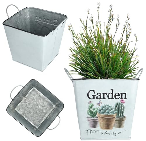 KADAX Blumentopf aus Metall, Blumentopf im Retro-Stil, Topf für Orchideen, Kräuter, Geranien, Blumenschale, Pflanzkübel (⌀ 15cm, Quadratisch, Mit Griffen)