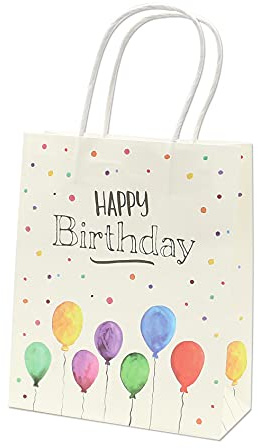 Zauberhafte Geschenktüten mit Spruch - Happy birthday - und Tragegriffe, aus Premiumpapier. Lieferumfang 6 Stück. Maße je Tüte 18 x 8 x 22 cm.