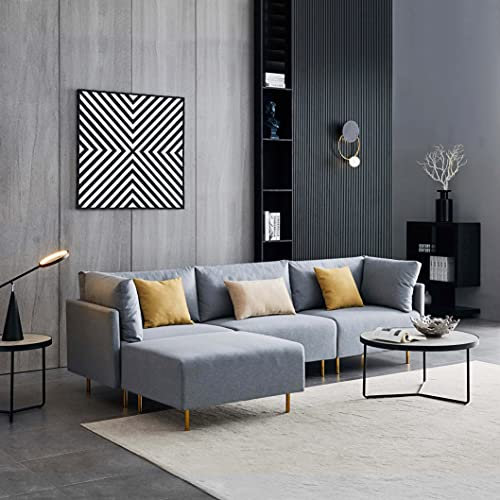 Hörnsoffa med pall, överdrag av linne, soffa med armstödskudde, lös ryggkudde och 3 dekorativa kuddar, stoppad soffa, loungesoffa