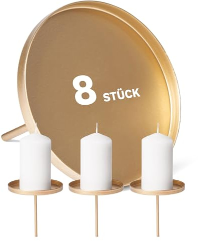Novaliv 8X Kerzenpick Flach Gold 8cm Durchmesser I Kerzenteller mit Dorn I Adventskerzenhalter Weihnachtsdekoration Kerzenpin I Kerzenstecker für Adventskranz