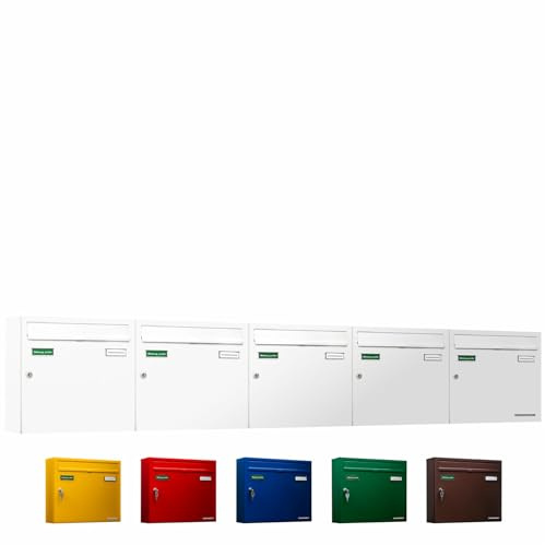 AL Briefkastensysteme Basic 5er Briefkasten RAL 9016 Verkehrs Weiss 5 Fach DIN A4 wetterfest Briefkastenanlage mit Posthaltebügel und 2 Namensschildern