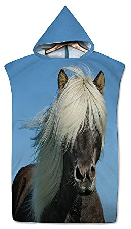FANSU Surf Poncho Umziehhilfe Handtuch, Mikrofaser Badeponcho Strand Bademantel Badetuch für Erwachsene Herren und Damen Strandtuch Handtuch mit Kapuzen (75x110cm,Islandpferd)