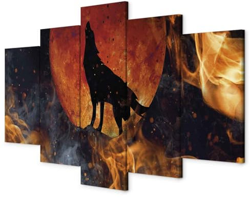 murando - Wandbilder XXL Wolf 150x75cm 5 tlg - Wand Deko Leinwand Bilder Groß Wanddeko Wohnzimmer Schlafzimmer Kunstdrucke - Abstrakt Tier Feuer Sonne g-C-10005-b-a