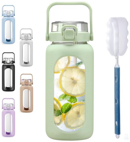 BLUEGO 2000ml Trinkflasche Glas mit Strohhalm und Zeitmarkierung Halbe Gallone Große motivierende Wasserflasche mit Silikonhülle 2 Liter großer Glaswasserkrug für Sport Training, Grün