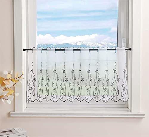 Delien Scheibengardinen Küche Bistrogardine Landhaus B120 x H30 cm, Grau | 1 Stück,Mit Blumenstickerei,Transparente Kurzgardine,Luftig und pflegeleicht,Modern Kurzstores,Kurz Schals für Klein Fenster