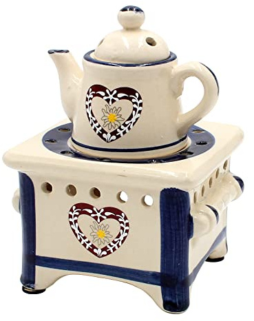 Dekohelden24 Quemador Estufa con Jarra y corazón, Azul/lámpara de Aroma/luz aromática/Calentador de Fragancia, Largo x Ancho x Alto: Aprox. 12 x 12 x 17 cm, Cerámica, 17 cm