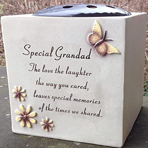 OnlineStreet Grave Vase Rose Bowl with Butterfly and Flowers - Memorial Flower Holders Ornament, Engraved with a Funeral Verse, Weatherproof-Grave Decoration Ornament 14 x 15 cm (Grandad) (13974)