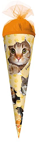 ROTH Geschenk-Schultüte klein Katzenparty 35 cm - rund Tüllverschluss - Zuckertüte Schulanfang
