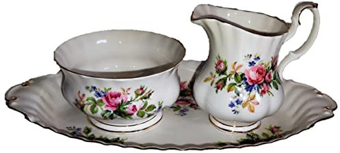 verkauft : Royal Albert/Milchkännchen und Zuckerdose auf Tablett/Original/Moss Rose/Bone China England