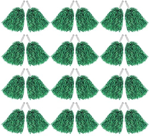 Hooshing 24PCS Green Pom Poms Cheerleading Metallic Foil Cheer Pom Poms with Plastic Handles for Team Spirit Sports Party Dance