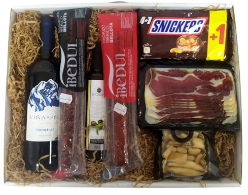 Deliex. Cesta gourmet para regalar con vino, aceite, paleta, ibéricos, chocolatinas snikers, lote delicatessen para regalar