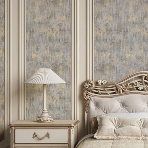 Zeeko Vintage Textured Wallpaper 17.3x 472 Distressed Metallic Grey/White/Gold Vintage Metallic Concrete Wallpaper Modern Non Woven (Non-Pasted) Industrial Style Need Adhesive