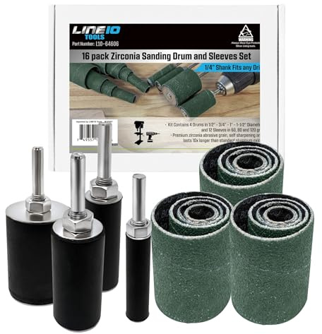 LINE10 Tools 16pk Zirconia Sanding Drum and Sleeves Set, Spindle Sander Attachment for Drill and Drill-Press, Die-Grinder, 2-inch Extra Long Surface, Ideal for Knife Making, Works on Stainless Steel