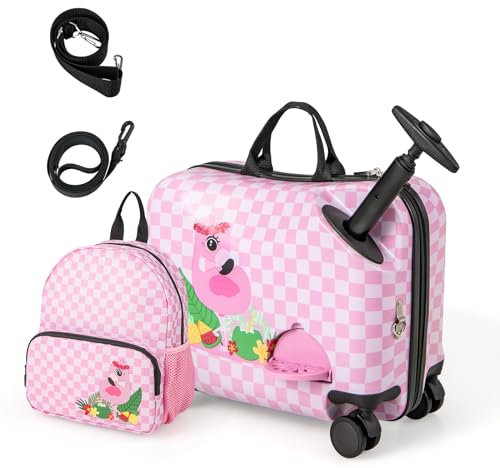 DREAMADE Kinderkoffer zum Draufsitzen, 2 TLG. Kinderkoffer mit Rucksack, Kindergepäck Trolley zum Reisen, Reisetrolley Kinder Trolley Set (Pink-Flamingo, 18 Zoll +12 Zoll)