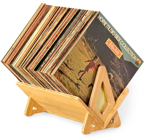 AMASBABOS Bamboo Vinyl Record Holder 80-100 LP Record Stand, Quick Assembly Record Storage, Modern Design Organizer for Magazine, Book, Files, Albums in Bed Room, Office, living room.